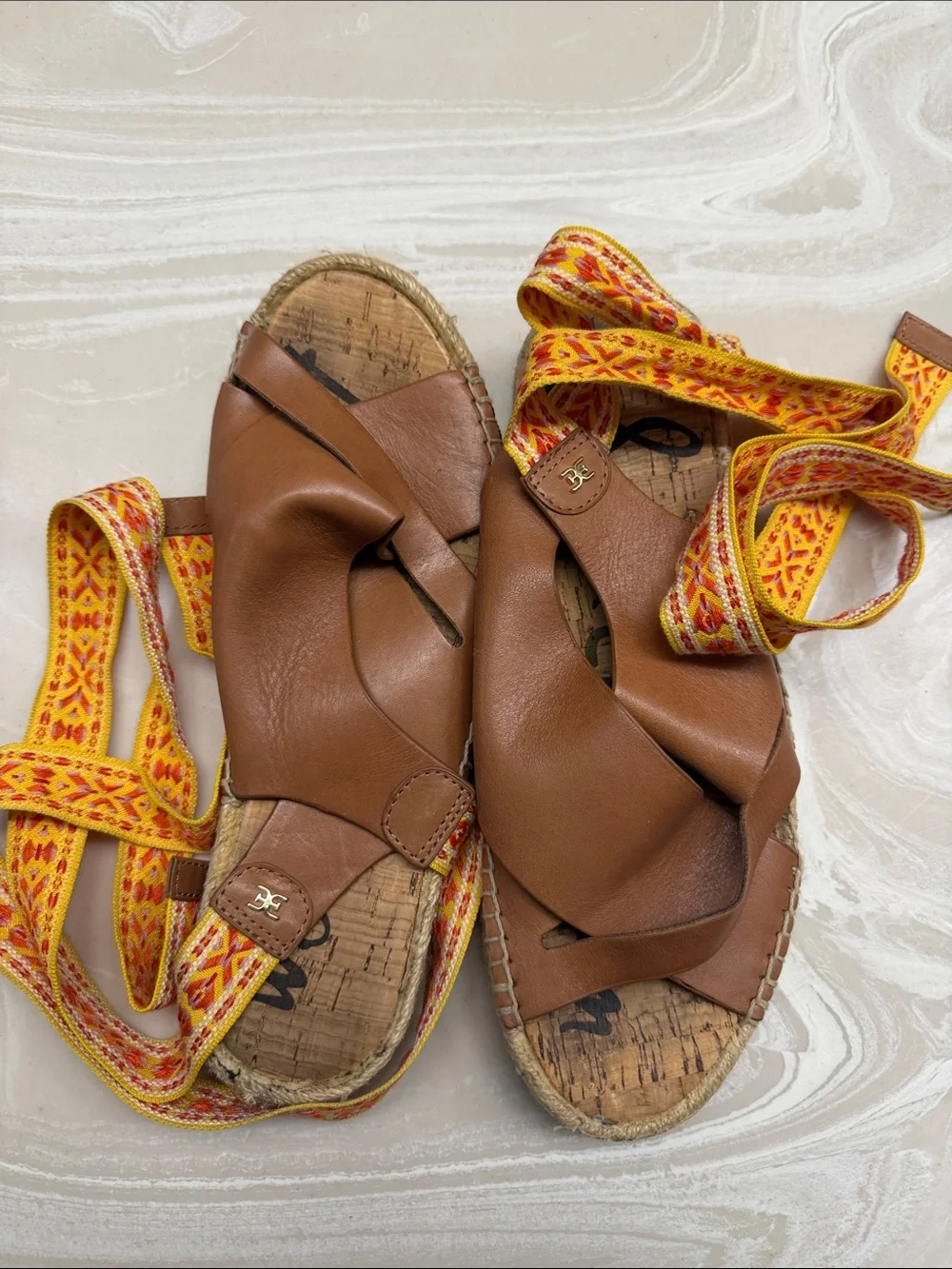 Sam Edelman Brown Leather Espadrille Sandals with Yellow Patterned Wrap Straps